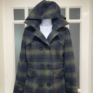 Navy and Olive Plaid Women's Pea Coat